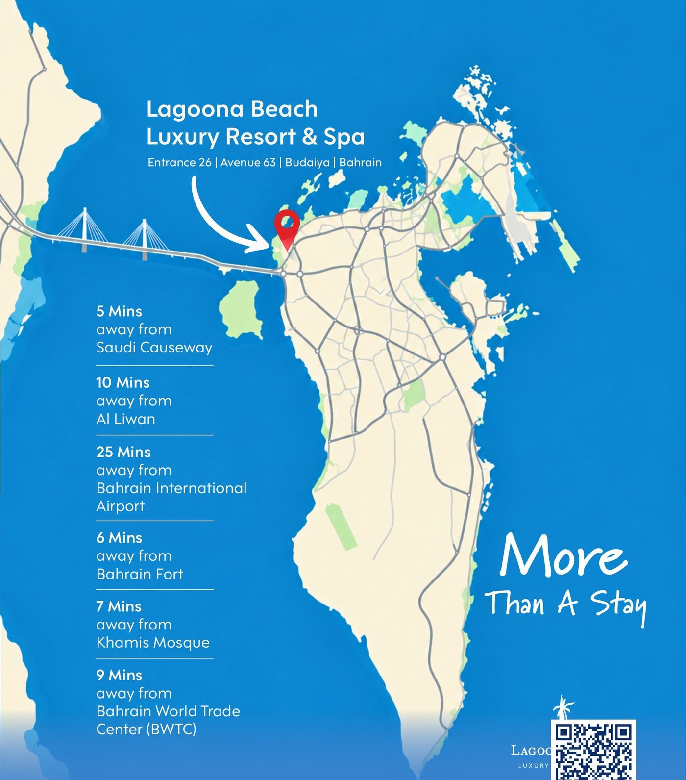 Map showing Lagoona Beach Luxury Resort's location in Budaiya, Bahrain, with drive times to nearby landmarks.