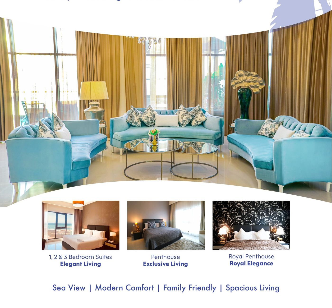 Sea-view suite living room with blue upholstered sofas and gold curtains.