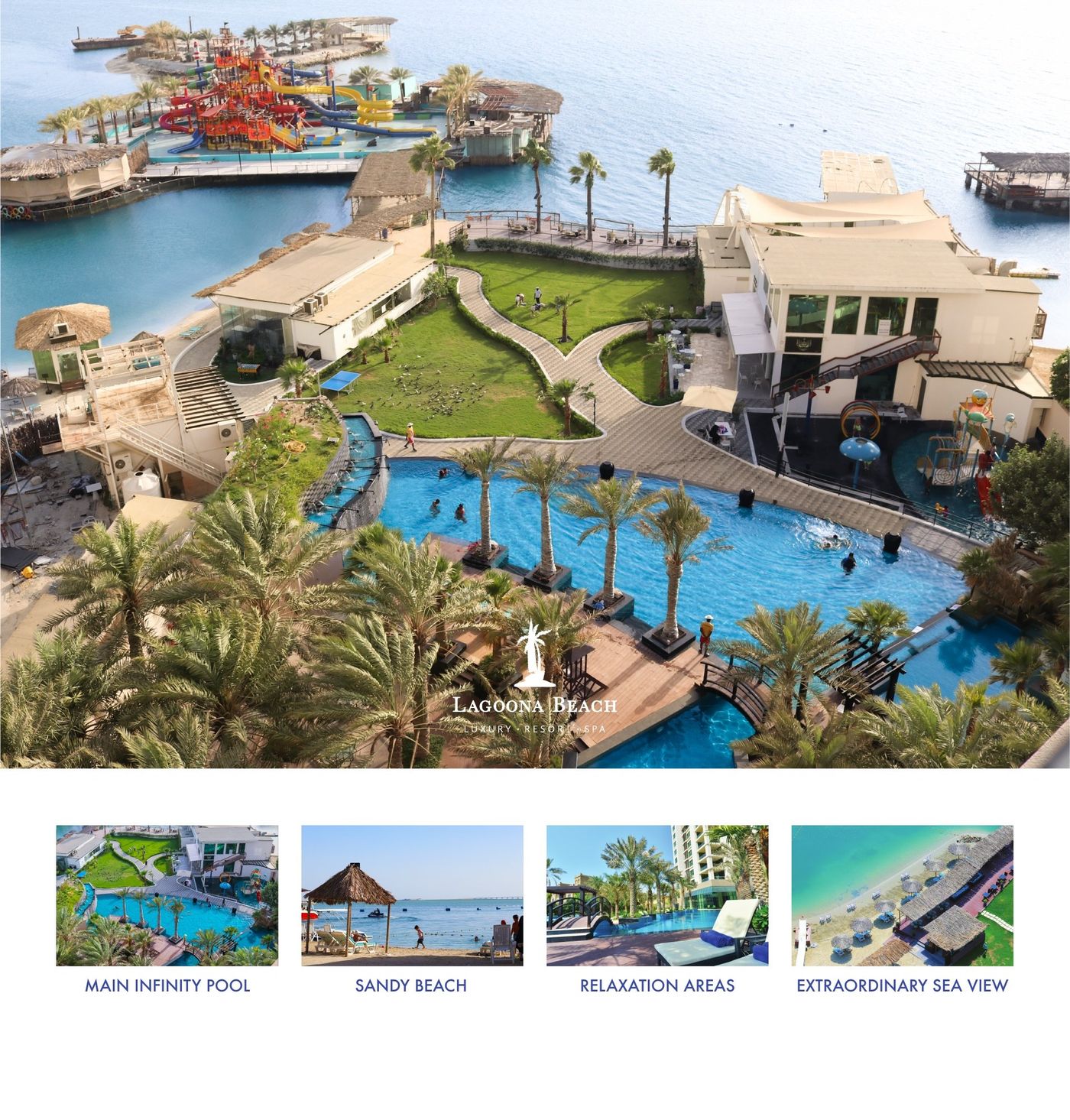 Aerial view of the resort's infinity pool, gardens and sandy beach.