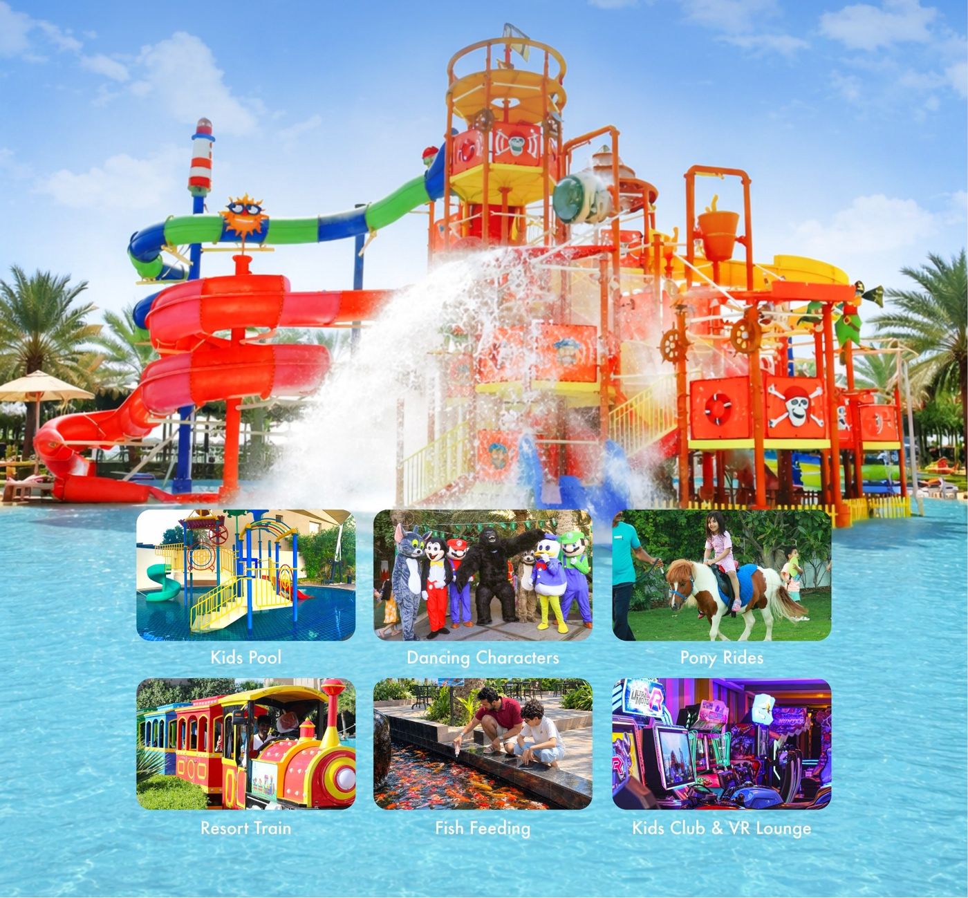 Colorful water park slides splashing over the kids' pool.