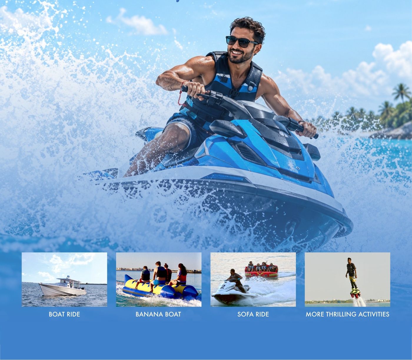 Guest riding a jet ski through the waves off Lagoona Beach.